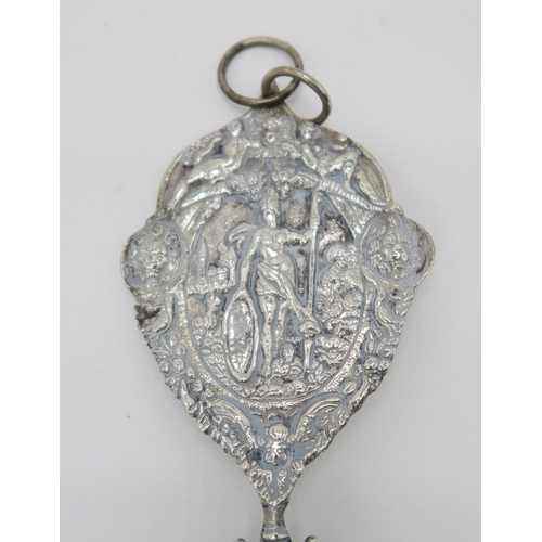 2474 - A DUTCH SILVER SPOONwith a twisting handle and a cast terminal with decoration of a figure of Justic... 