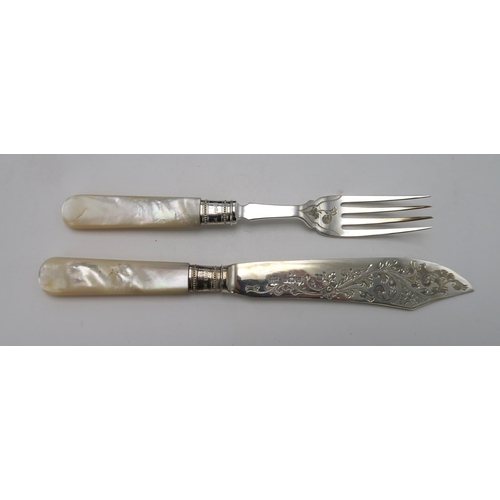 2489 - A CASED SET OF EDWARDIAN SILVER MOTHER OF PEARL FISH KNIVES AND FORKSthe blades by Fenton Brothers, ... 