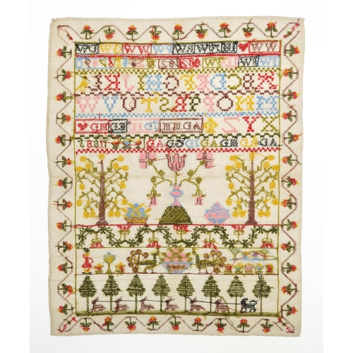 2551 - A VICTORIAN NEEDLEWORK SAMPLERDated 1885, unmounted and unusually well-preserved, the field embroide... 