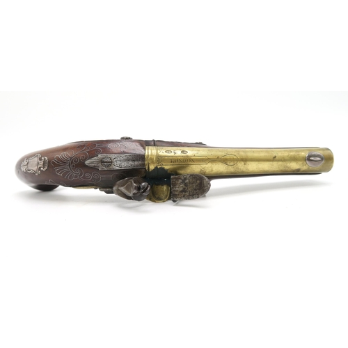 2619 - A SILVER INLAID AND MOUNTED FLINTLOCK PISTOL BY WILLIAM WEEKES, LONDONThe maker's name engraved to b... 