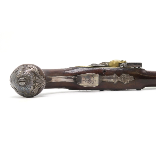 2619 - A SILVER INLAID AND MOUNTED FLINTLOCK PISTOL BY WILLIAM WEEKES, LONDONThe maker's name engraved to b... 