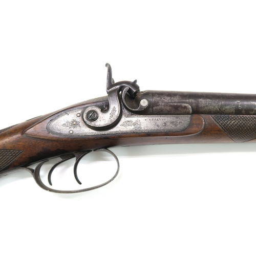 2626 - A 19th CENTURY DOUBLE-BARRELED PERCUSSION MUZZLE-LOADING SPORTING SHOTGUN BY W. GREENERThe twin barr... 