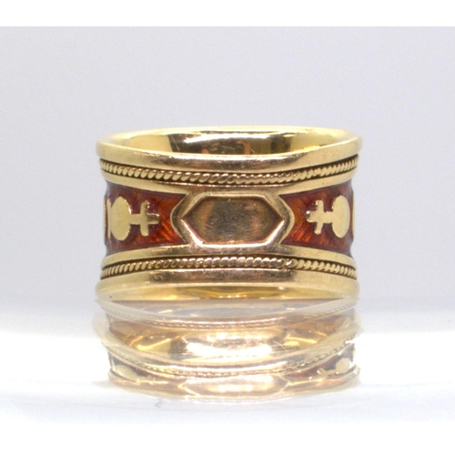 2708 - AN ELIZABETH GAGE RINGthe 18ct gold wide band ring, 'Virgo' from the Zodiac range, is enamelled in r... 