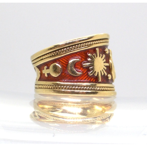 2708 - AN ELIZABETH GAGE RINGthe 18ct gold wide band ring, 'Virgo' from the Zodiac range, is enamelled in r... 