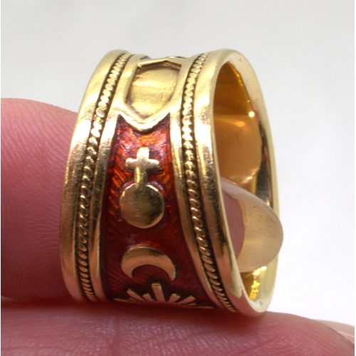 2708 - AN ELIZABETH GAGE RINGthe 18ct gold wide band ring, 'Virgo' from the Zodiac range, is enamelled in r... 