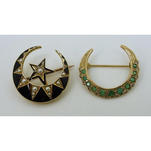 2715 - TWO CRESCENT MOON BROOCHESa bright yellow metal example with black enamel detail and set with split ... 