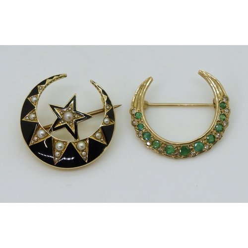 2715 - TWO CRESCENT MOON BROOCHESa bright yellow metal example with black enamel detail and set with split ... 