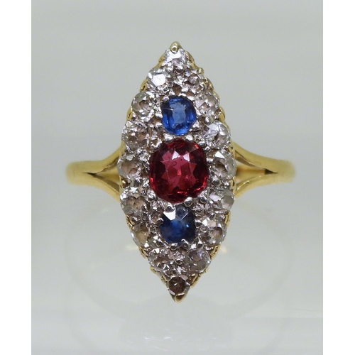 2727 - A VICTORIAN MARQUIS SHAPED RINGset in bright yellow metal galleried mount, with a central ruby of 4.... 