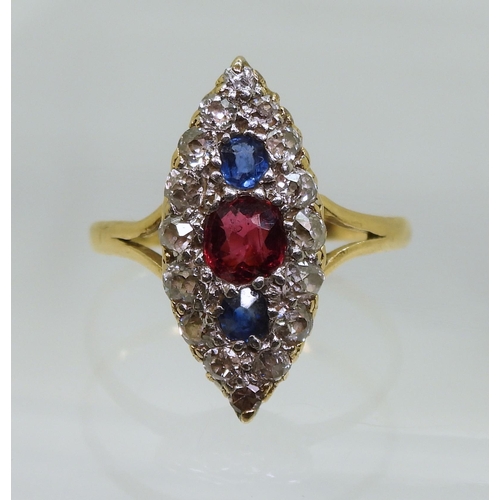 2727 - A VICTORIAN MARQUIS SHAPED RINGset in bright yellow metal galleried mount, with a central ruby of 4.... 