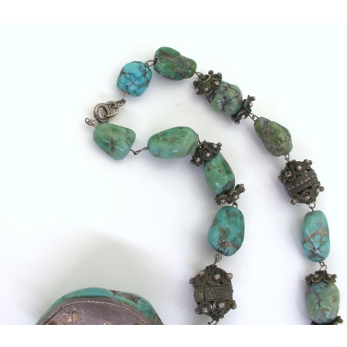 2731 - EGYPTIAN TURQUOISE JEWELSthe necklace with white metal beads with granulation detail, largest bead t... 