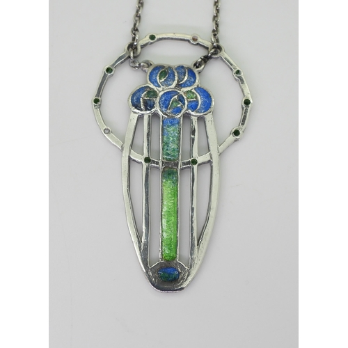 2735 - A GLASGOW GIRLS PENDANTin white metal and champlevé enamelled with Mackintosh style roses in blues a... 