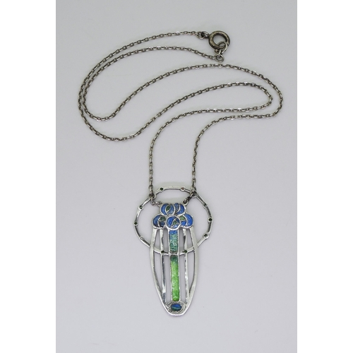 2735 - A GLASGOW GIRLS PENDANTin white metal and champlevé enamelled with Mackintosh style roses in blues a... 