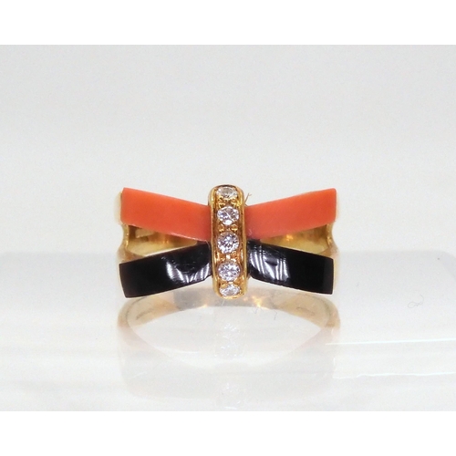 2740 - A CORAL ONYX & DIAMOND DRESS RINGwith London 1975 18ct gold hallmarks, finger size O, weight 5gm... 