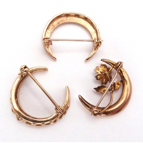 2757 - THREE CRESCENT MOON BROOCHESa 9ct gold opal set brooch, diameter 2.4cm, a 9ct split pearl moon brooc... 