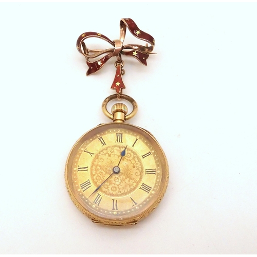 2912 - A LADIES FOB WATCHthe open face fob watch is 18ct gold, with gold coloured floral engraved dial, wit... 