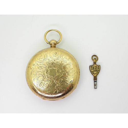 2916 - AN OPEN FACE POCKET WATCHmade in 18ct gold, the case with all over foliate engraving, has Chester ha... 