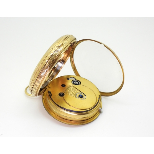 2916 - AN OPEN FACE POCKET WATCHmade in 18ct gold, the case with all over foliate engraving, has Chester ha... 