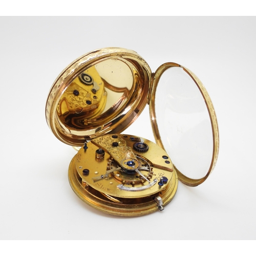 2916 - AN OPEN FACE POCKET WATCHmade in 18ct gold, the case with all over foliate engraving, has Chester ha... 