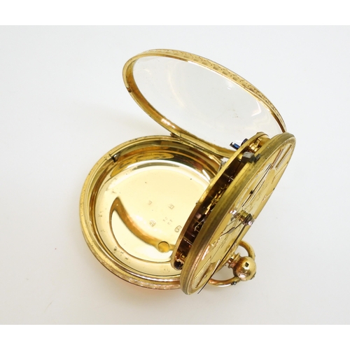 2916 - AN OPEN FACE POCKET WATCHmade in 18ct gold, the case with all over foliate engraving, has Chester ha... 