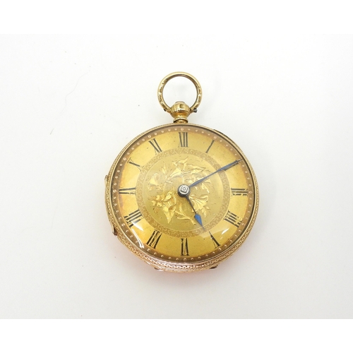 2917 - AN OPEN FACE FOB WATCHmade in 18ct gold, with all over geometric and floral engraving to the case, b... 