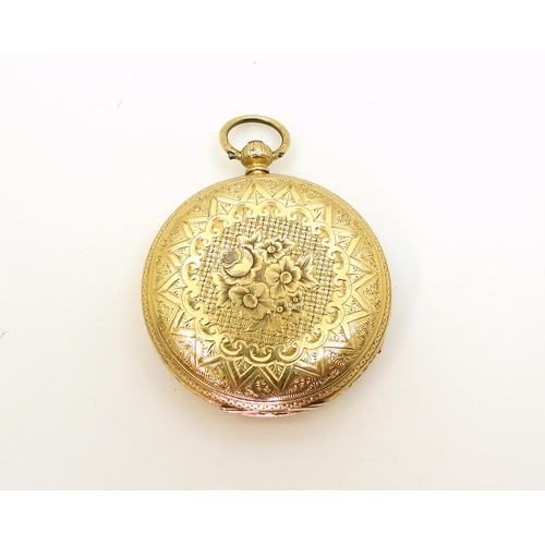 2917 - AN OPEN FACE FOB WATCHmade in 18ct gold, with all over geometric and floral engraving to the case, b... 