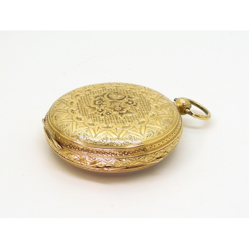 2917 - AN OPEN FACE FOB WATCHmade in 18ct gold, with all over geometric and floral engraving to the case, b... 