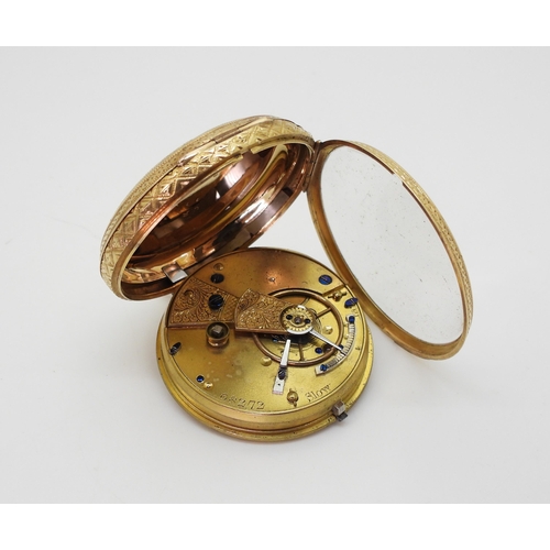 2917 - AN OPEN FACE FOB WATCHmade in 18ct gold, with all over geometric and floral engraving to the case, b... 