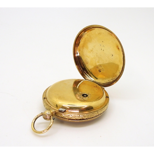 2917 - AN OPEN FACE FOB WATCHmade in 18ct gold, with all over geometric and floral engraving to the case, b... 