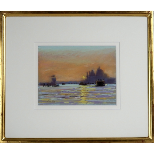 2953 - GEORGE DEVLIN RSW (SCOTTISH 1937-2014)VENICE LIDO, FERRY AT SUNSETPastel, signed lower left, 22.5 x ... 