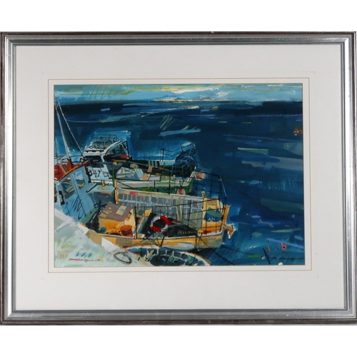 2957 - HAMISH MACDONALD PAI (SCOTTISH 1935-2008)FISHING HARBOURMixed media and collage on paper, signed low... 