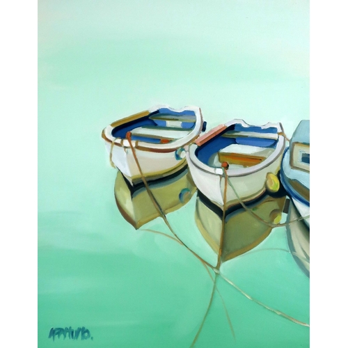 2963 - LIN PATTULLO PAI (SCOTTISH b.1949)BOATS MOOREDAcrylic, signed lower left, 50.5 x 40.5cm (20 x 16