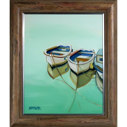 2963 - LIN PATTULLO PAI (SCOTTISH b.1949)BOATS MOOREDAcrylic, signed lower left, 50.5 x 40.5cm (20 x 16