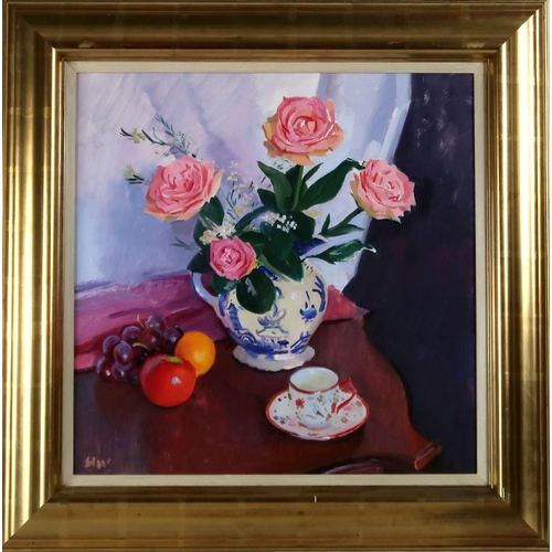 2965 - NORMAN EDGAR RGI (SCOTTISH b.1948)STILL LIFE, PINK ROSES AND FRUITOil on canvas, signed lower left, ... 