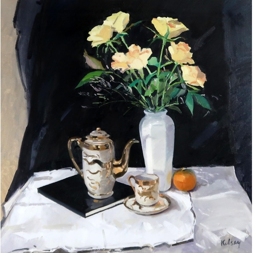 2967 - ROBERT KELSEY PAI FRSA (SCOTTISH b.1949)STILL LIFE, ROSES AND COFFEEOil on canvas, signed lower righ... 