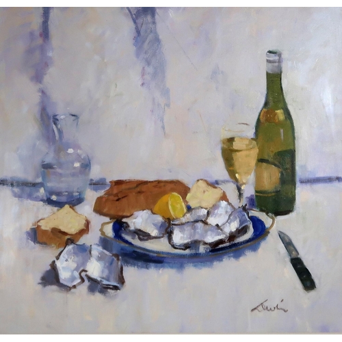 2968 - GEORGE DEVLIN RSW (SCOTTISH 1937-2014)FRENCH STILL LIFE - OYSTERS, WHITE WINE AND BREADOil on canvas... 