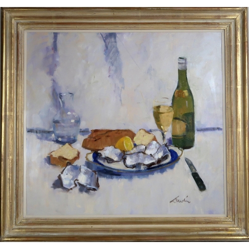 2968 - GEORGE DEVLIN RSW (SCOTTISH 1937-2014)FRENCH STILL LIFE - OYSTERS, WHITE WINE AND BREADOil on canvas... 