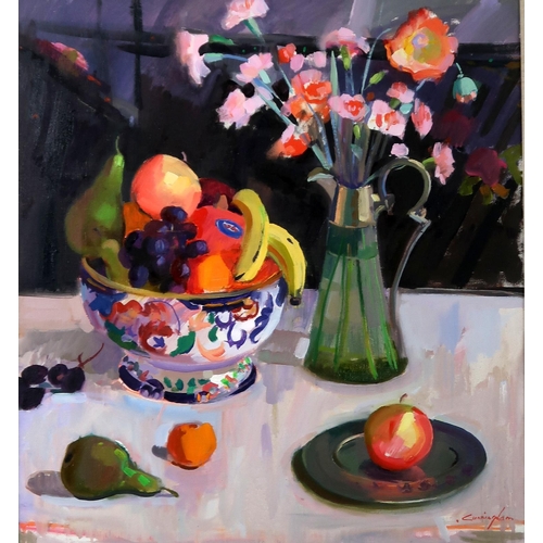 2981 - JOHN CUNNINGHAM RGI DLitt (SCOTTISH 1926-1998)FRUIT AND FLOWERS (1987)Oil on canvas, signed lower ri... 