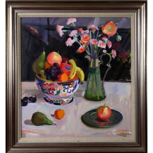 2981 - JOHN CUNNINGHAM RGI DLitt (SCOTTISH 1926-1998)FRUIT AND FLOWERS (1987)Oil on canvas, signed lower ri... 