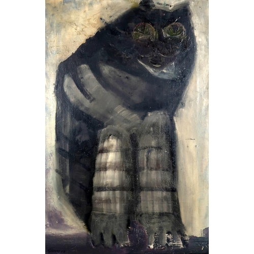 3014 - CAROLE GIBBONS (SCOTTISH b.1935)CAT IN GREYS Oil/mixed media on canvas, signed lower left, dated (19... 