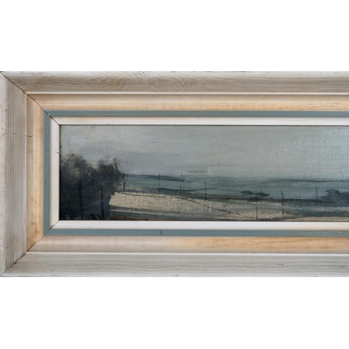 3016 - JAMES MORRISON RSA RSW LLD (SCOTTISH 1932-2020)AN ANGUS LANDSCAPE (c1963)Oil on board, 8.25 x 49cm (... 