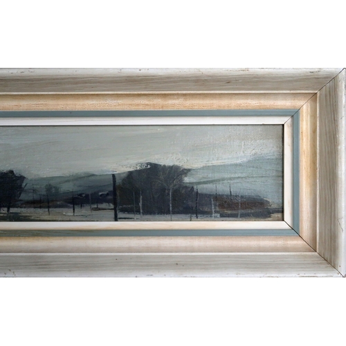 3016 - JAMES MORRISON RSA RSW LLD (SCOTTISH 1932-2020)AN ANGUS LANDSCAPE (c1963)Oil on board, 8.25 x 49cm (... 