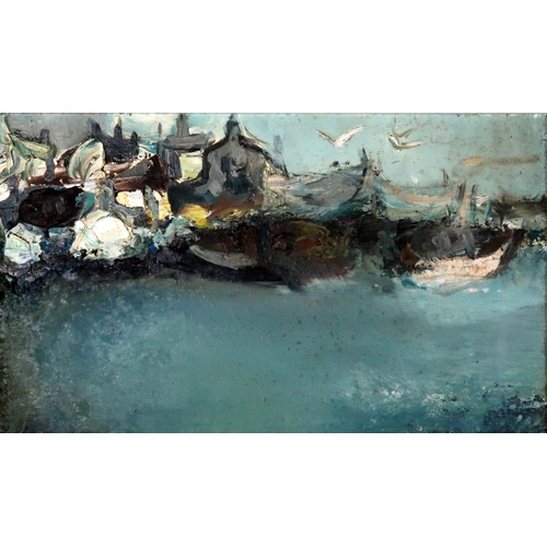 3020 - LIL NEILSON (SCOTTISH 1938-1998)A NORTH-EAST HARBOUR, PROBABLY CATTERLINEOil/mixed media on board, 1... 