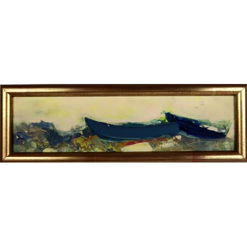 3022 - LIL NEILSON (SCOTTISH 1938-1998)BEACHED BOATSMixed media on board, 9.5 x 37.25cm (3.75 x 14.75