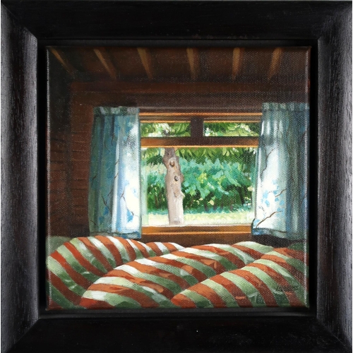 3059 - LESLEY BANKS (SCOTTISH b.1962)THE CABIN - BEDROOM Oil on canvas, signed lower right, 20 x 20cm (8 x ... 