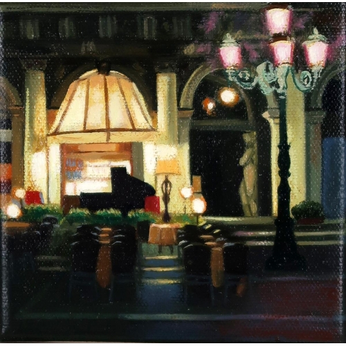 3061 - LESLEY BANKS (SCOTTISH b.1962)NIGHT CAFE, POSSIBLY VENICEOil on canvas, 12.5 x 12.5cm (5 x 5