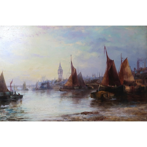 3083 - J* B* (20thC)LONDON, THE THAMES, SAILING BARGES Oil on canvas, signed indistinctly lower left, ... 