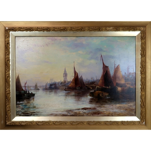 3083 - J* B* (20thC)LONDON, THE THAMES, SAILING BARGES Oil on canvas, signed indistinctly lower left, ... 