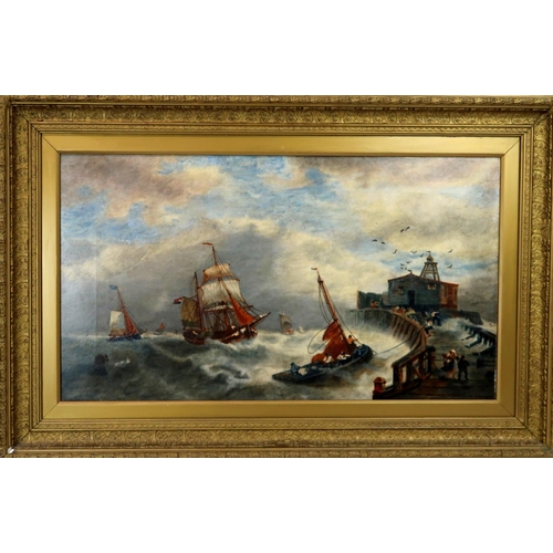 3084 - BRITISH SCHOOL (20thC)HARBOUR IN HEAVY SEASOil on canvas, 42 x 75cm (16.5 x 29.5