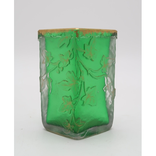 2156A - A DAUM NANCY VASEof triangular form, the clear cased green body acid etched with ivy leaves and high... 