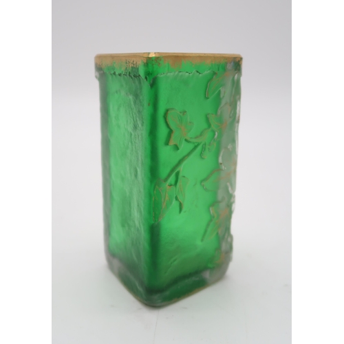 2156A - A DAUM NANCY VASEof triangular form, the clear cased green body acid etched with ivy leaves and high... 